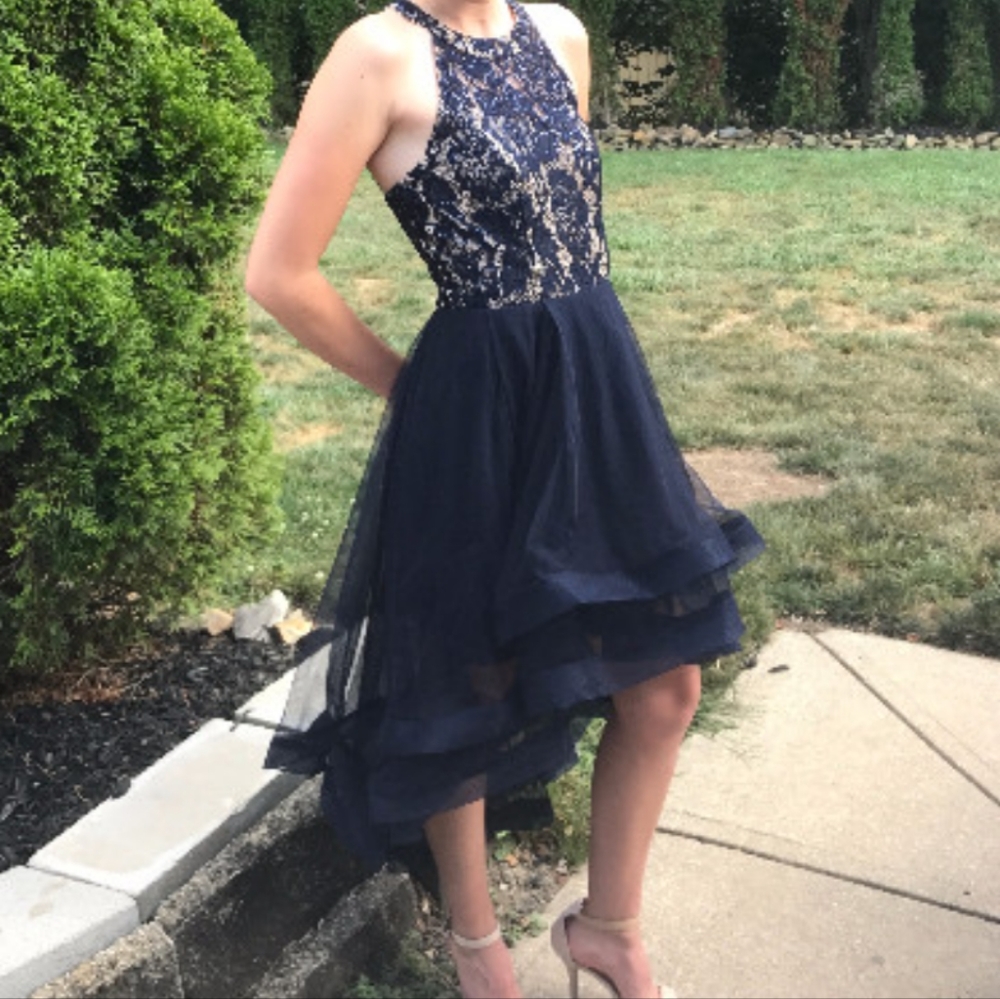 Navy Blue Sequin Hi-Lo Fairycore Whimsigoth Coquette Formal Prom Dress Sz 0